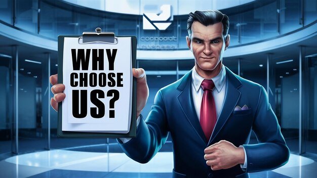 About business man holding clipboard with why choose us question 926199 3768328