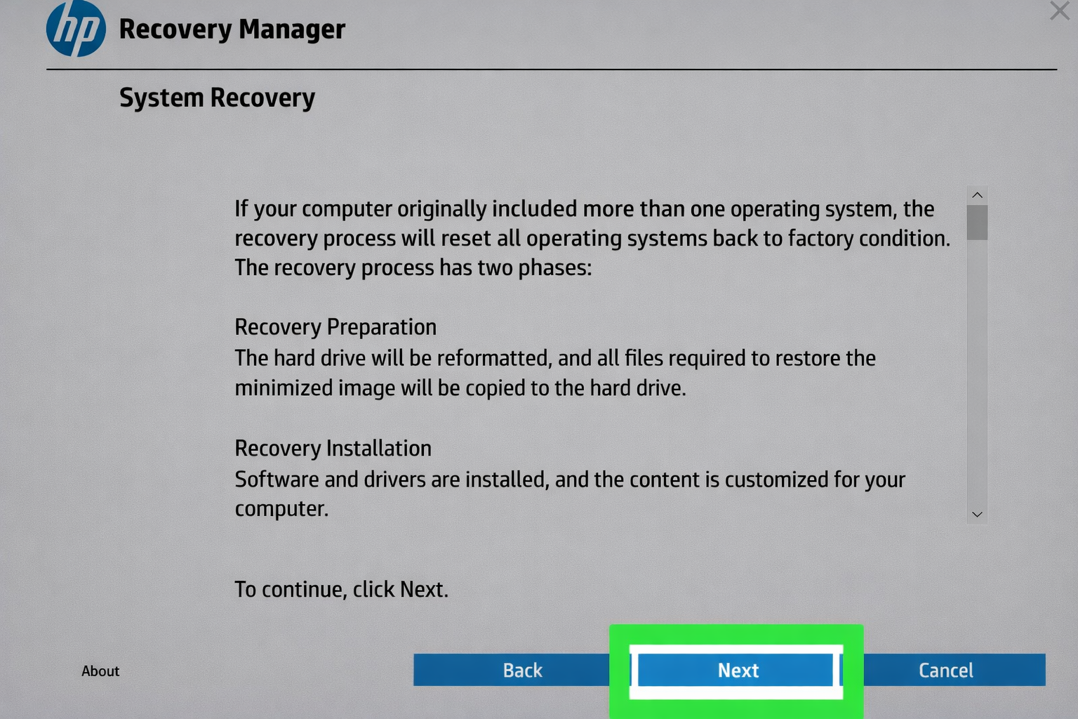 How to factory reset HP laptop using HP Recovery Manager System Recovery screen with Next button highlighted