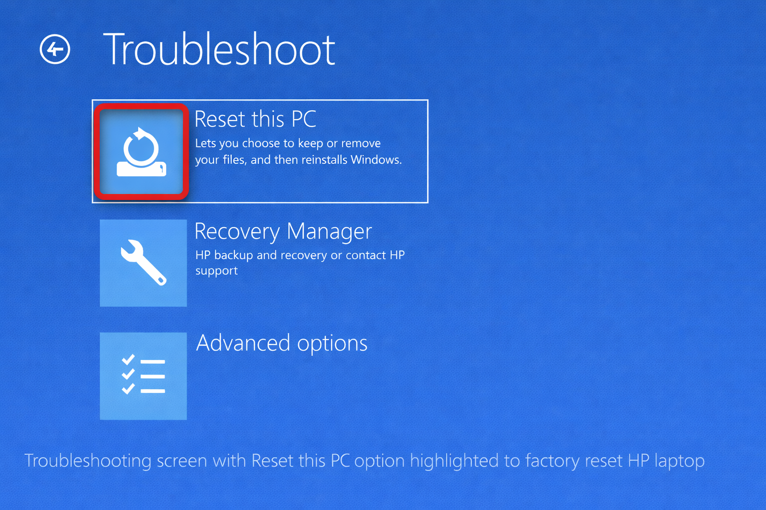 Troubleshoot screen showing “Reset this PC” option highlighted during how to factory reset HP laptop process