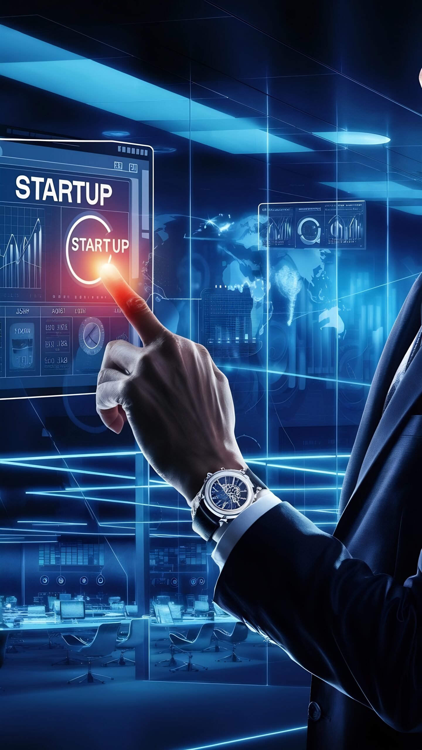 Home startup button virtual screen touched by businessman