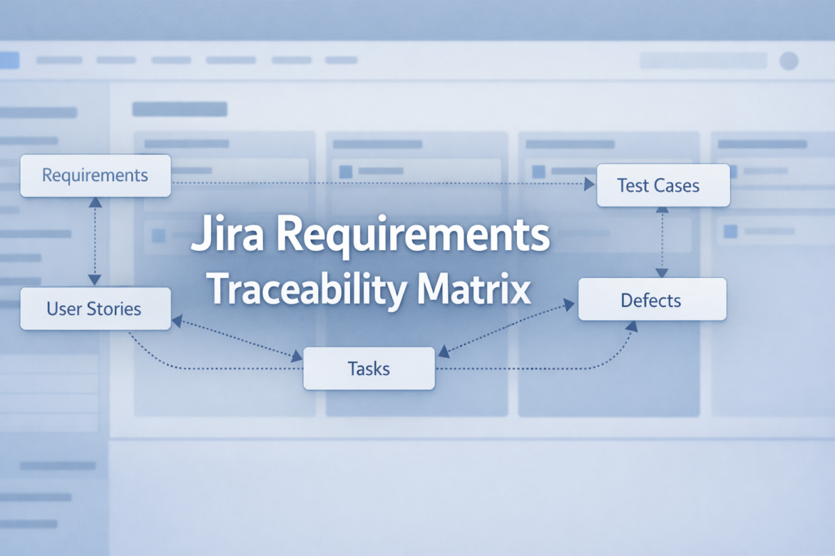 Featured image showing Jira Requirements Traceability Matrix with linked requirements, tasks, and test cases