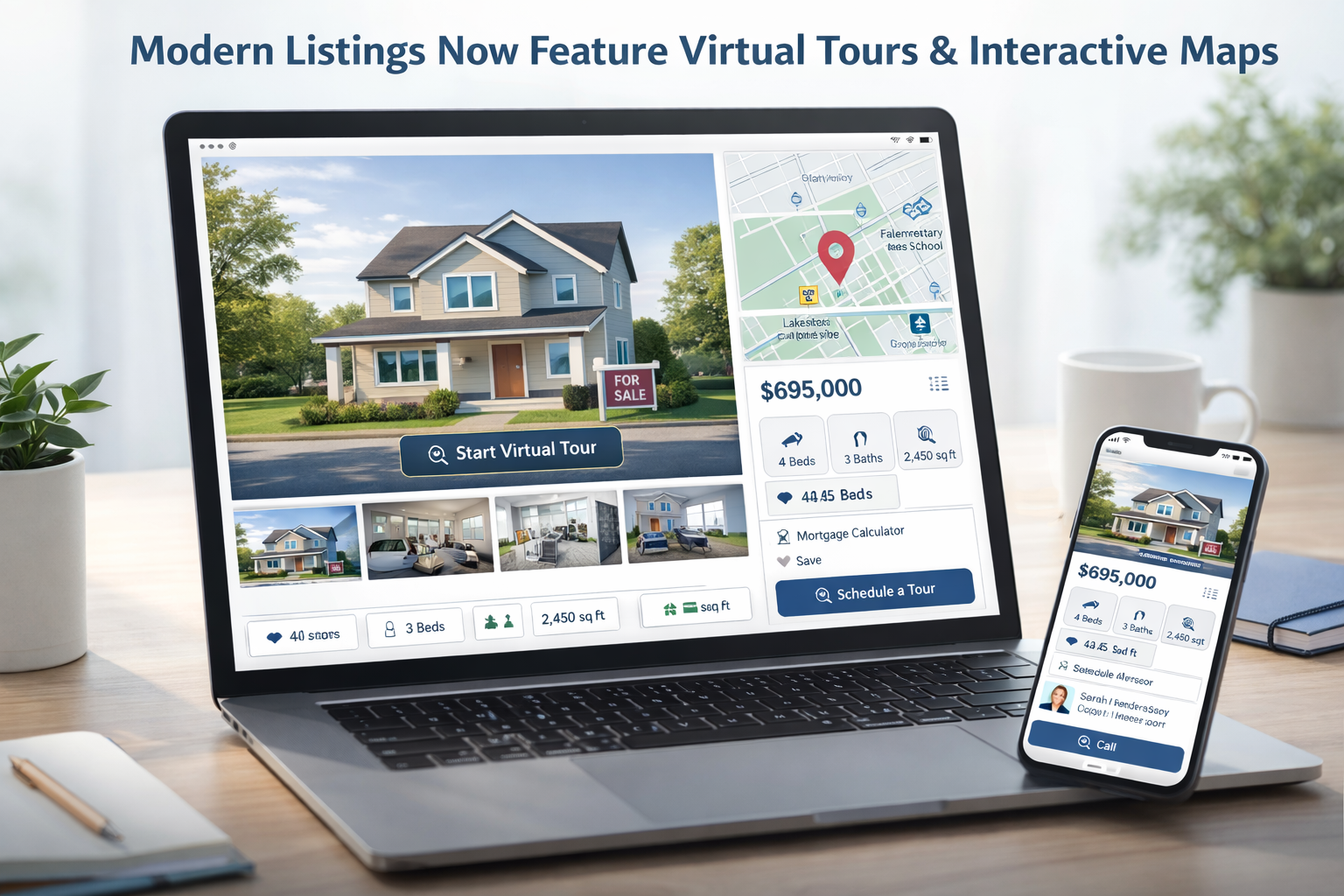 Online real estate listing showcasing virtual tour functionality and an interactive neighborhood map.