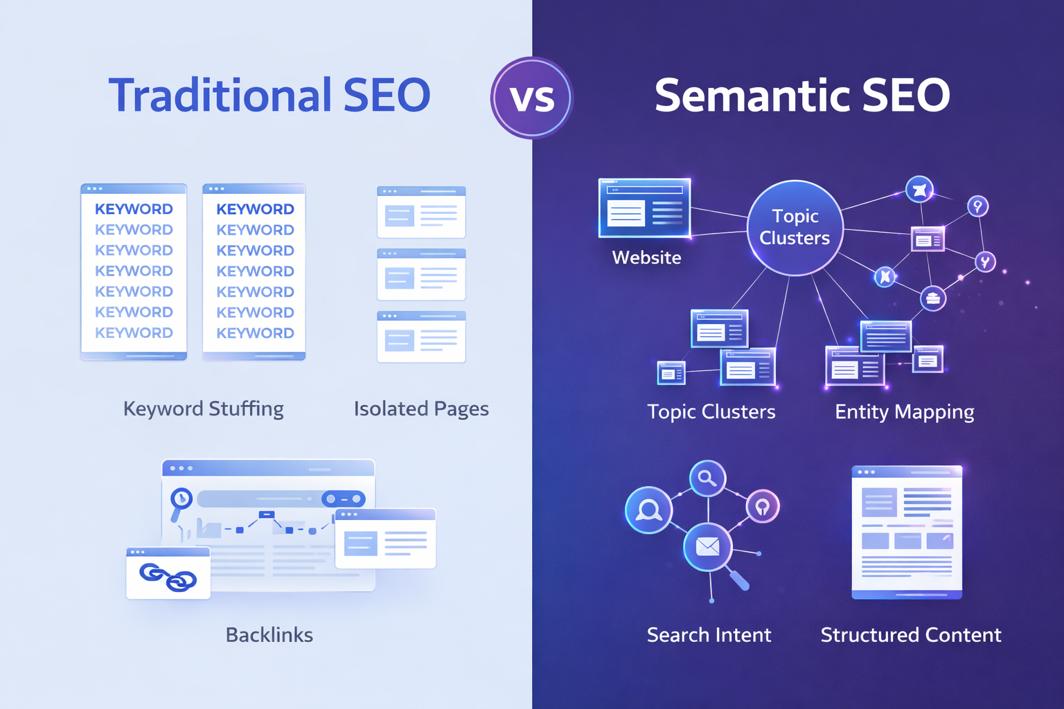 Ben Stace Semantic SEO Consultancy Services: The Future of Search Strategy Traditional SEO vs semantic SEO comparison illustrating modern search optimization.