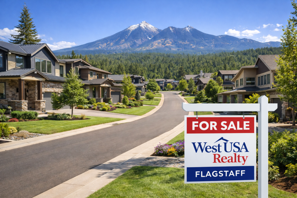 West USA Realty Flagstaff For Sale sign in scenic Flagstaff Arizona neighborhood with mountain views