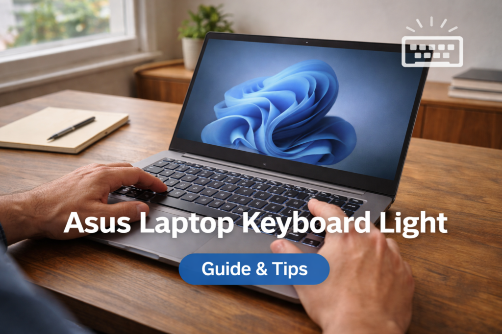 Home Asus laptop keyboard light glowing while a user types on a full-size ASUS laptop placed on a wooden desk in a home office setting.
