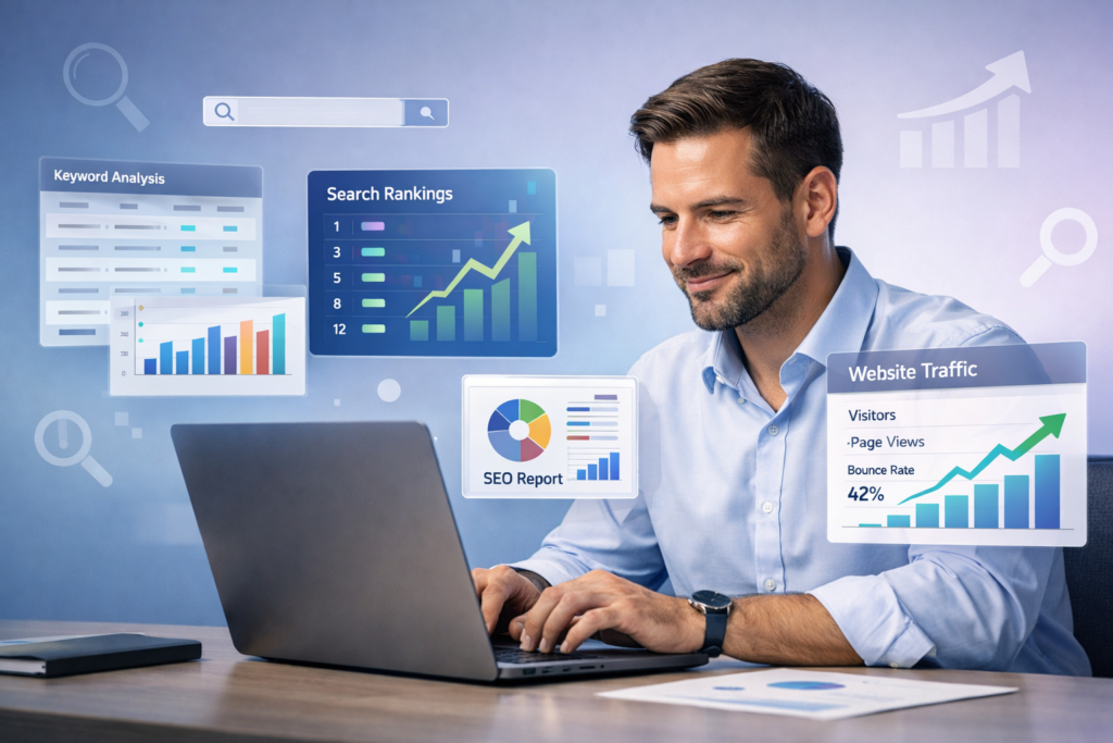 Consultant freelance SEO analyzing website traffic and keyword rankings