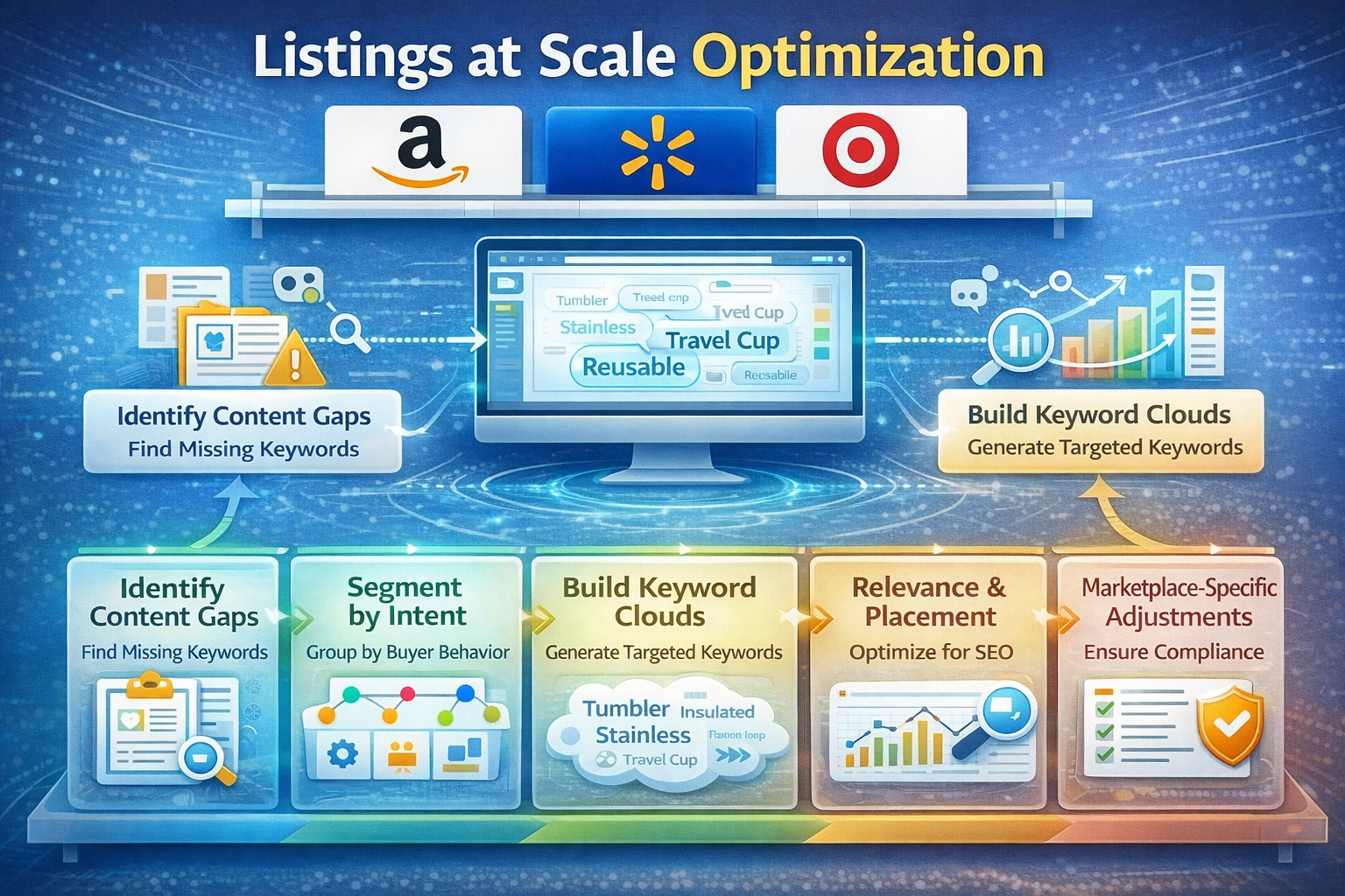 steps to optimize product listings at scale for multiple marketplaces with a focus on Marketplace SEO.