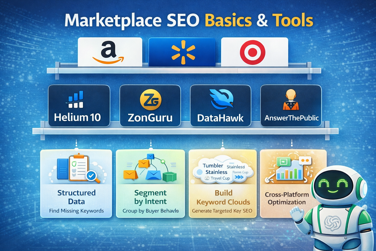 key tools and fundamentals for Marketplace SEO across Amazon, Walmart, and Target.