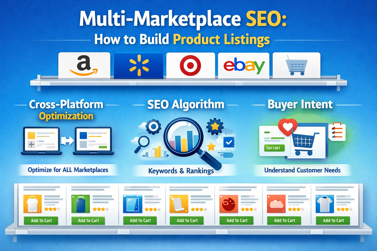 digital shelves of Amazon, Walmart, Target optimized with multi-marketplace SEO concepts.