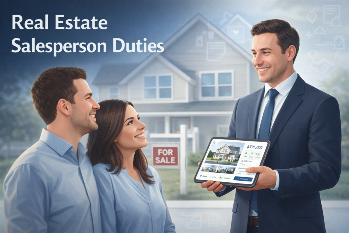 Home Professional real estate agent explaining property details to clients, representing real estate salesperson duties.