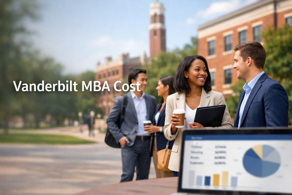 Featured image showing MBA students on a university campus with financial graphics, illustrating an article about Vanderbilt MBA cost
