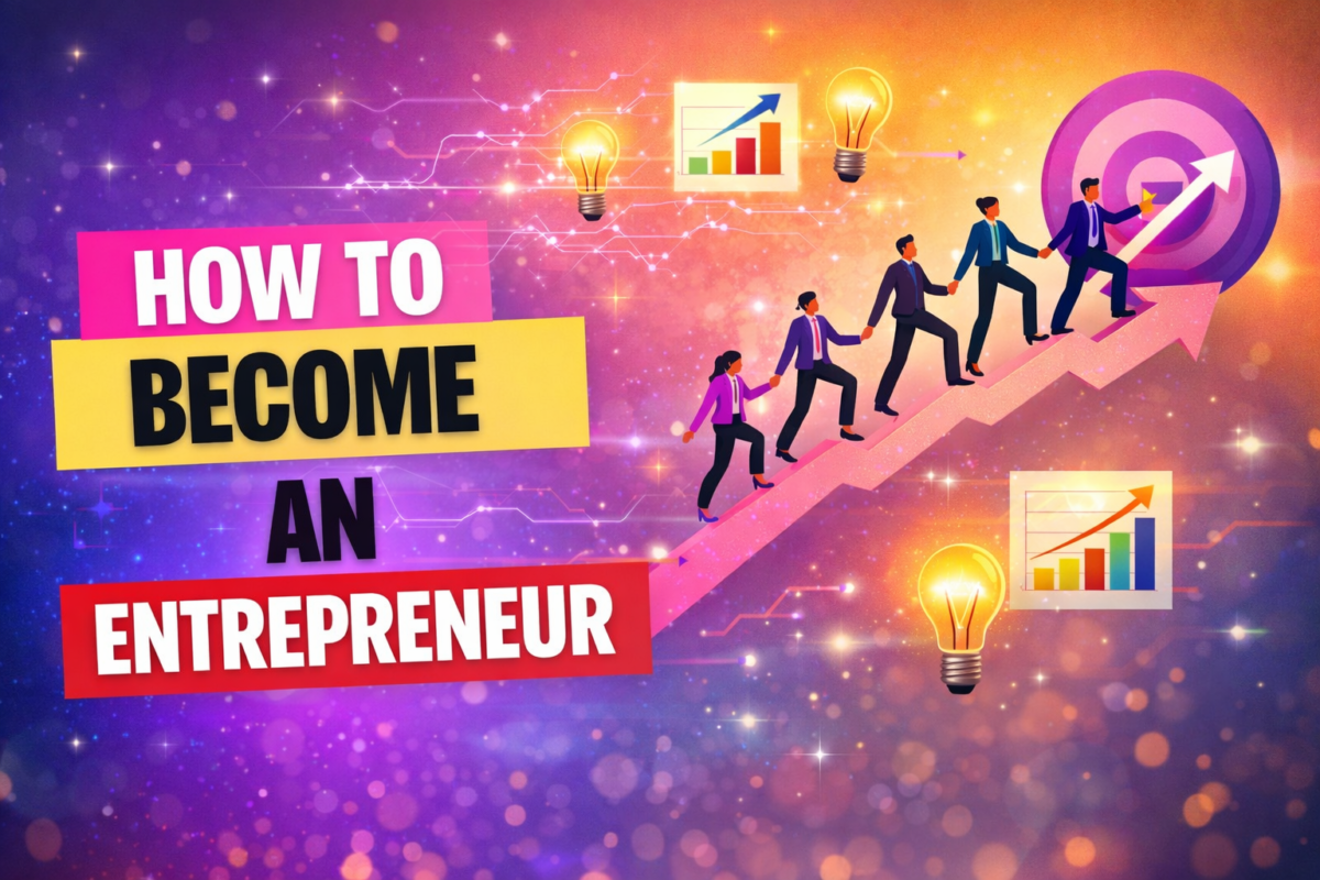 how to become an entrepreneur with business growth arrow and startup icons