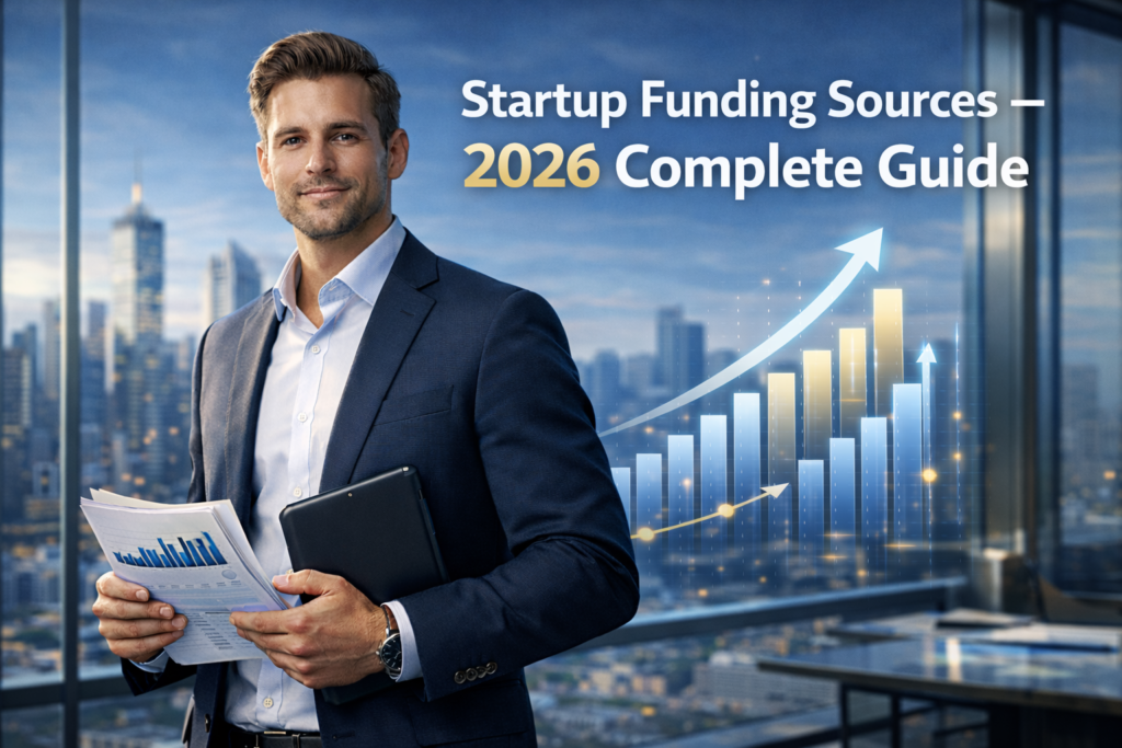 Confident entrepreneur in modern corporate office representing startup funding sources and business growth in 2026.