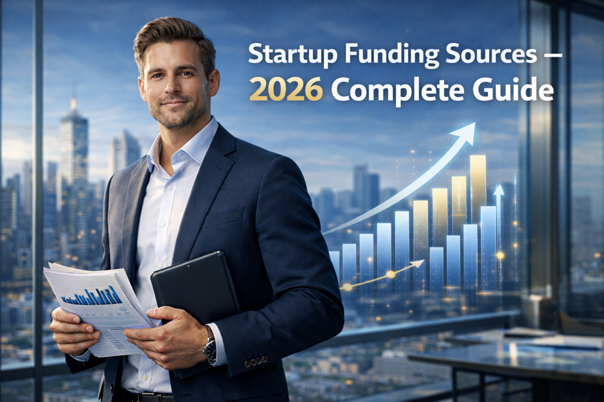 Confident entrepreneur in modern corporate office representing startup funding sources and business growth in 2026.